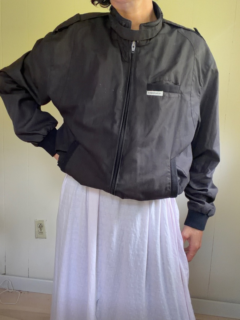 vintage 70s windbreaker black zip up neck strap sporty classic